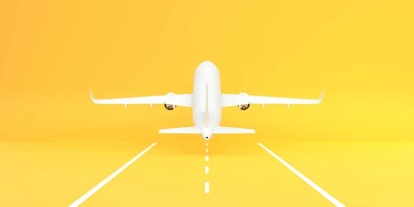 Αεροπλάνο Απογειώνεται Από Διάδρομο Κίτρινο Φόντο Χώρο Αντιγραφής Ελάχιστος Σχεδιασμός — Φωτογραφία Αρχείου