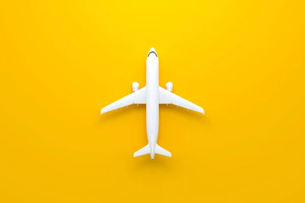 コピースペースと黄色の背景に飛行機 ミニマルなデザイン 最上階だ 3Dレンダリング図 — ストック写真