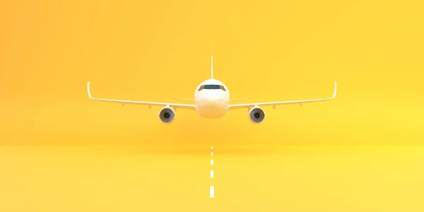 黄色の背景にコピースペースで滑走路を離陸飛行機 ミニマルなデザイン 正面図 3Dレンダリング図 — ストック写真