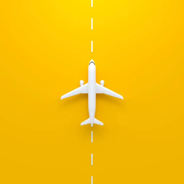 コピースペースと黄色の背景に飛行機 ミニマルなデザイン 最上階だ 3Dレンダリング図 — ストック写真