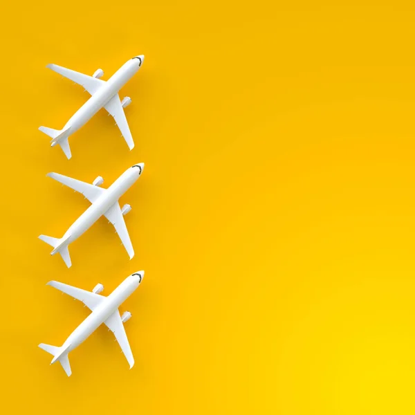 黄色の背景にコピースペースを持つ飛行機 ミニマルなデザイン 3Dレンダリング図 — ストック写真