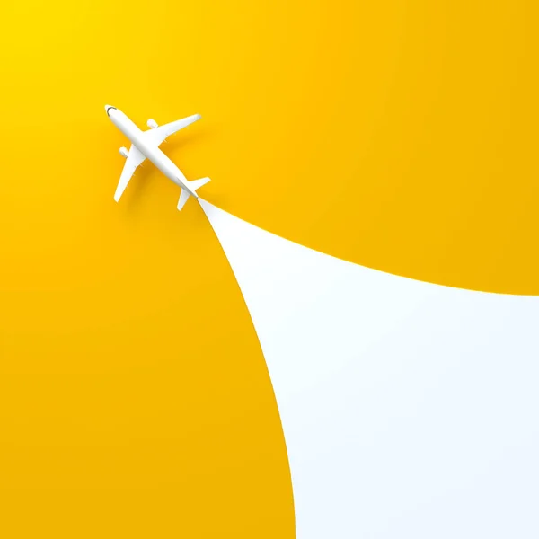 コピースペースのある白黄色の背景の航空機 ミニマルなデザイン 最上階だ 3Dレンダリング図 — ストック写真