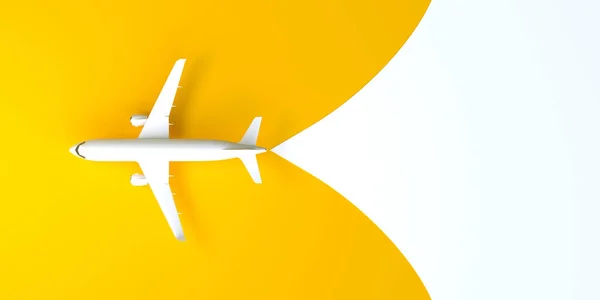 白色黄色背景的飞机 有复制空间 简约的风格设计 顶部视图 3D渲染说明 — 图库照片