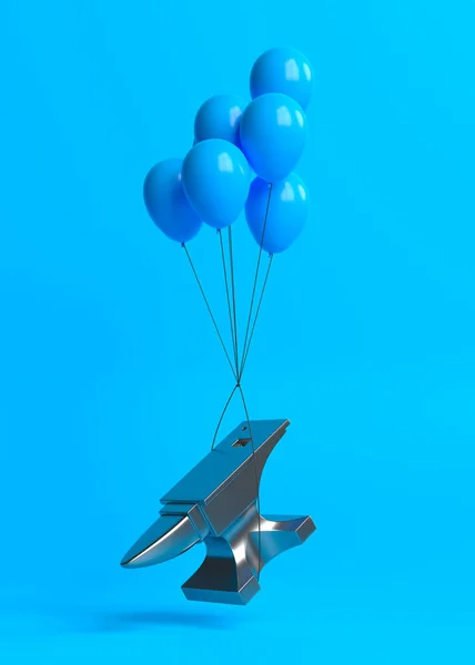 Latające Kowadło Balonami Niebieskim Tle Minimalna Kreatywność Renderowanie Ilustracja — Zdjęcie stockowe