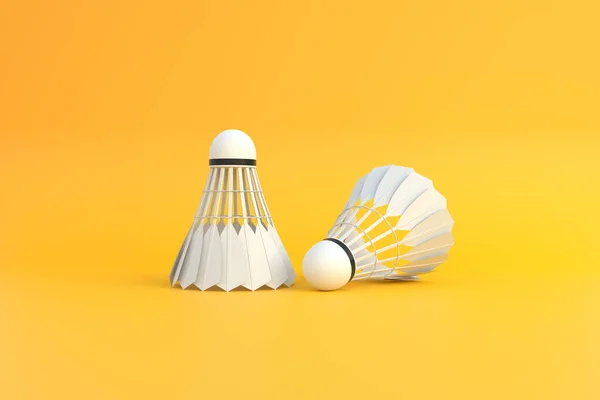 黄色背景的羽毛球 3D渲染说明 — 图库照片