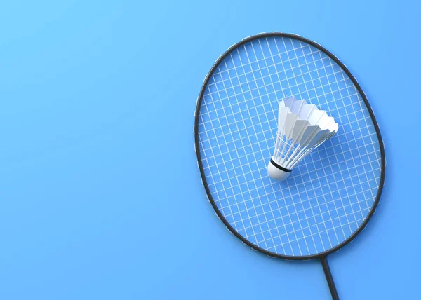Raquette Badminton Volant Sur Fond Bleu Vue Dessus Illustration Rendu — Photo