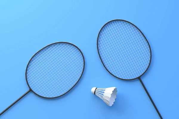 Raquete Badminton Vaivém Fundo Azul Vista Superior Ilustração Renderização — Fotografia de Stock