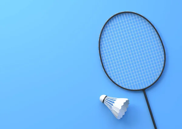 Badminton Raketi Mavi Arka Planda Küçük Bir Horoz Üst Manzara — Stok fotoğraf