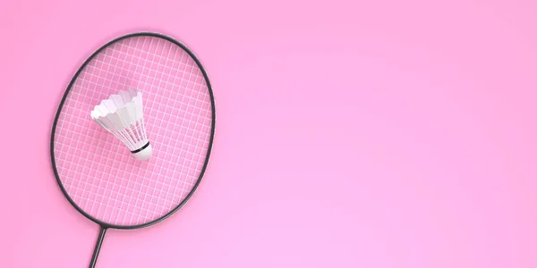 Badminton Raketi Pembe Arka Planda Mekikçik Üst Manzara Resimleme — Stok fotoğraf