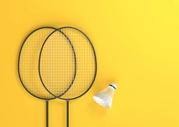Badminton Raketi Sarı Arka Planda Küçük Bir Horoz Üst Manzara — Stok fotoğraf