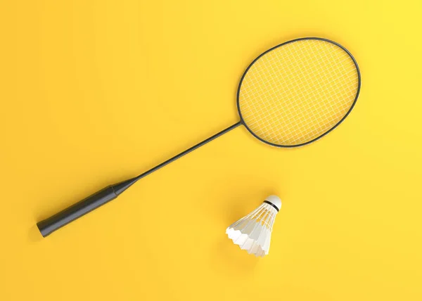 Raquete Badminton Vaivém Fundo Amarelo Vista Superior Ilustração Renderização — Fotografia de Stock