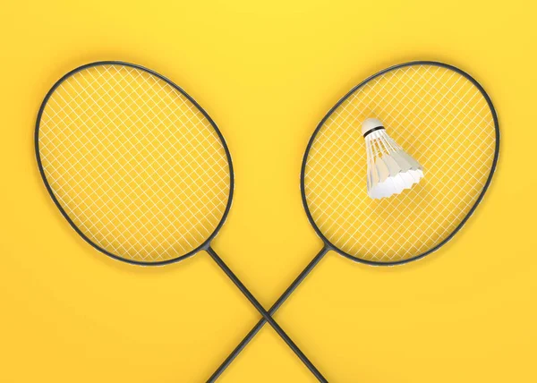 Badminton Racket Shuttlecock Yellow Background Top View Rendering Illustration — Stock Photo, Image