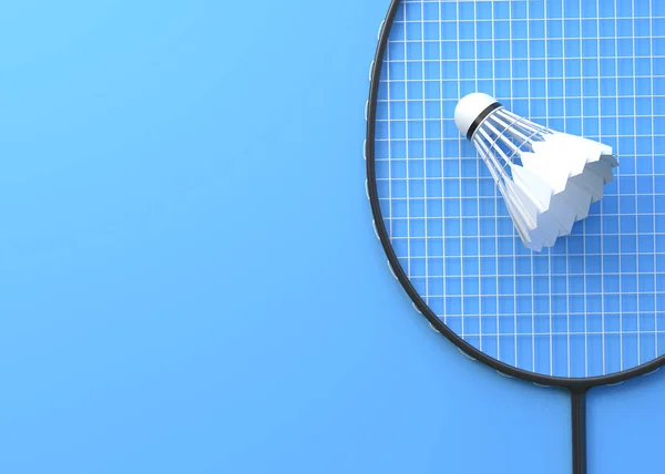 Badminton Racket Och Skyttel Blå Bakgrund Högst Upp Återgivning Illustration — Stockfoto