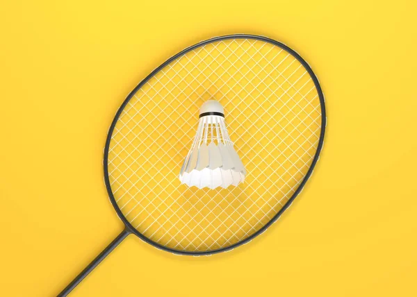 Badminton Raketi Sarı Arka Planda Küçük Bir Horoz Üst Manzara — Stok fotoğraf