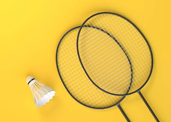 Raquete Badminton Vaivém Fundo Amarelo Vista Superior Ilustração Renderização — Fotografia de Stock