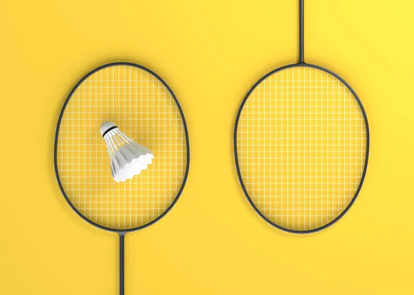 Badmintonschläger Und Federball Auf Gelbem Hintergrund Darstellung — Stockfoto