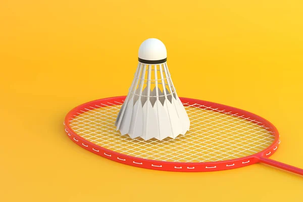 Racchetta Badminton Volano Sfondo Giallo Illustrazione Rendering — Foto Stock