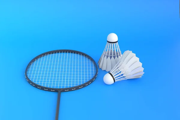 Rakieta Badmintona Wahadłowiec Niebieskim Tle Ilustracja Renderowania — Zdjęcie stockowe