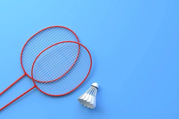 Badminton Raketi Mavi Arka Planda Küçük Bir Horoz Üst Manzara — Stok fotoğraf
