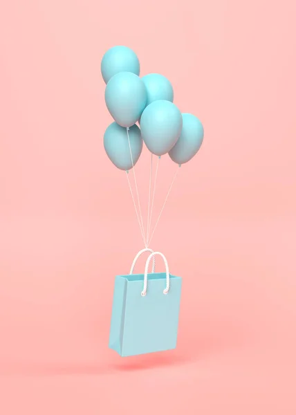 Latająca Torba Zakupy Balonami Różowym Tle Minimalistyczna Koncepcja Ilustracja Renderowania — Zdjęcie stockowe