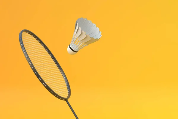 Badmintonschläger Und Federball Auf Gelbem Hintergrund Darstellung — Stockfoto