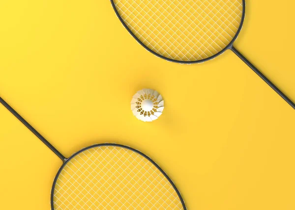 羽毛球球拍和黄色背景的羽毛球 顶部视图 3D渲染说明 — 图库照片