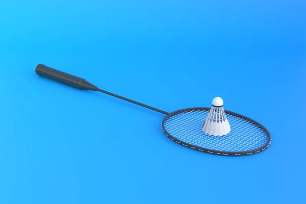 Raquette Badminton Volant Sur Fond Bleu Illustration Rendu — Photo