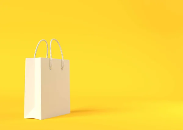 黄色の背景に空の白い色のショッピングバッグ コピースペーステキスト 創造的なコンセプト 3Dレンダリング図 — ストック写真