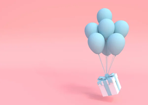 Caixa Presente Branca Com Fita Azul Balão Sobre Fundo Rosa — Fotografia de Stock