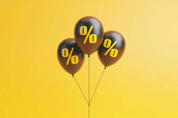 Sarı Arka Planda Yüzen Sarı Işaretli Siyah Balonlar Satış Indirim — Stok fotoğraf
