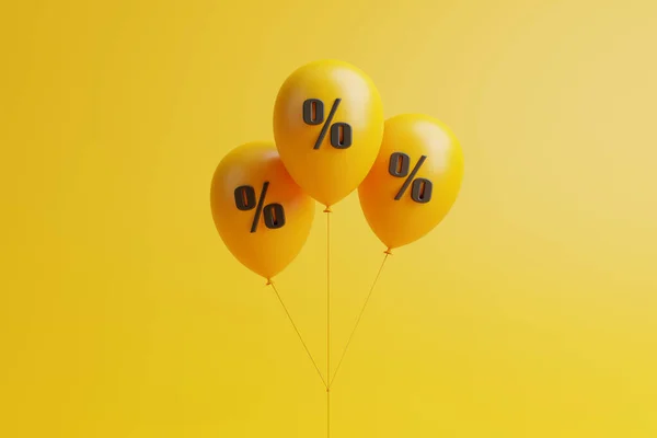 一组黄色气球 黑色的百分比标志漂浮在黄色的背景上 折扣和营销概念 3D渲染说明 — 图库照片