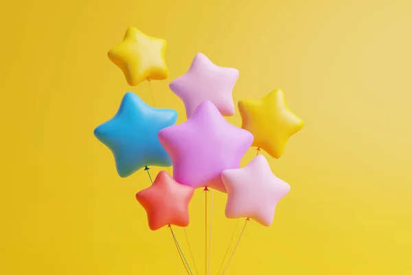 Набір Різнокольорових Кульок Вигляді Зірок Плавають Жовтому Тлі Ілюстрація Рендеринга — стокове фото