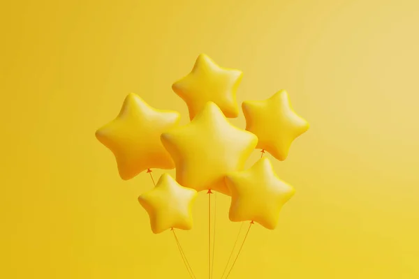 Conjunto Balões Amarelos Forma Estrelas Flutuando Sobre Fundo Amarelo Renderizar — Fotografia de Stock