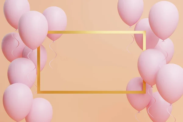 粉红色的糊状气球和金框漂浮在桃色背景上 婚礼卡片或广告横幅或海报的概念 3D渲染说明 — 图库照片
