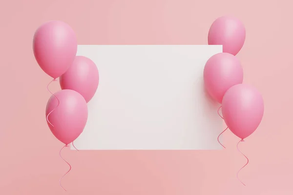 Pembe Pastel Balonlar Pembe Pastel Arka Planda Yüzen Kağıt Doğum — Stok fotoğraf