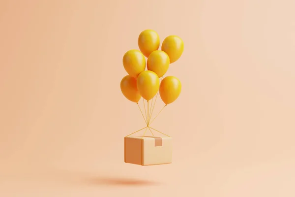 Ανακυκλώσιμο Κουτί Επιπλέει Ένα Μάτσο Κίτρινες Μπάλες Ροδακινί Φόντο Καθιστούν — Φωτογραφία Αρχείου