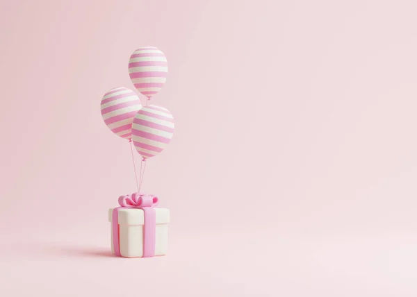 Bunch of white and pink striped balloons with white gift box on pink pastel background. 3d render illustration