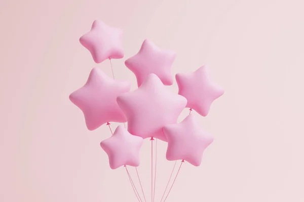Sada Růžových Balónků Podobě Hvězd Vznášejících Růžovém Pastelovém Pozadí Vykreslení — Stock fotografie