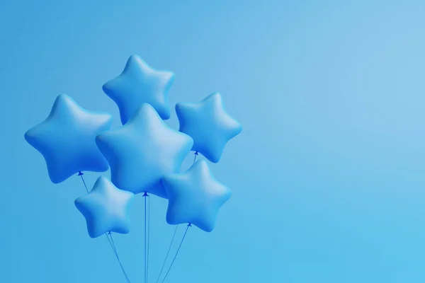 Conjunto Balões Azuis Forma Estrelas Flutuando Sobre Fundo Azul Renderizar — Fotografia de Stock