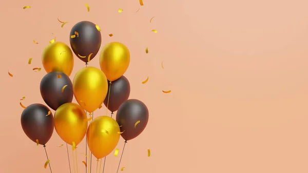 Bando Balões Dourados Pretos Com Confetes Num Fundo Pêssego Renderizar — Fotografia de Stock