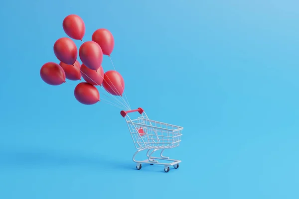 青い背景に金属ショッピングカートと赤い風船の束 割引およびマーケティングの概念 3Dレンダリング図 — ストック写真
