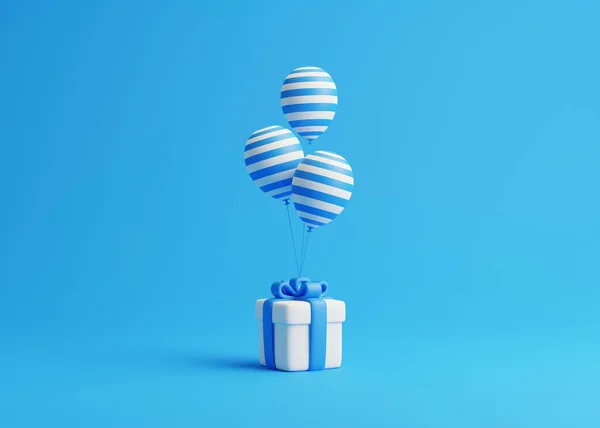 Ein Bündel Weiß Blau Gestreifter Luftballons Mit Weißem Geschenkkarton Auf — Stockfoto