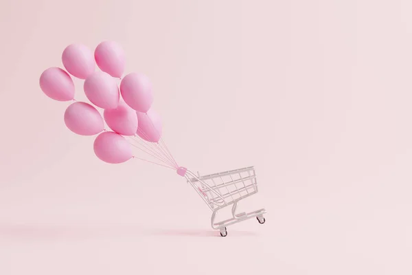 Ein Bündel Pinkfarbener Luftballons Mit Einem Einkaufswagen Aus Metall Auf — Stockfoto
