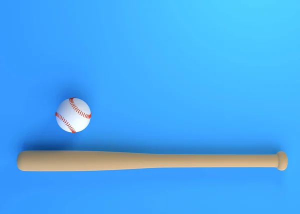 Honkbalknuppel Honkbalbal Geïsoleerd Blauwe Achtergrond Bovenaanzicht Minimaal Creatief Concept Weergave — Stockfoto
