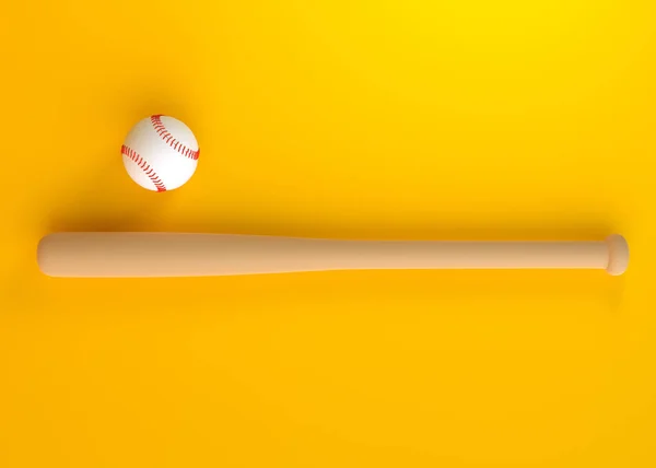 Honkbalknuppel Honkbalbal Geïsoleerd Gele Achtergrond Bovenaanzicht Minimaal Creatief Concept Weergave — Stockfoto