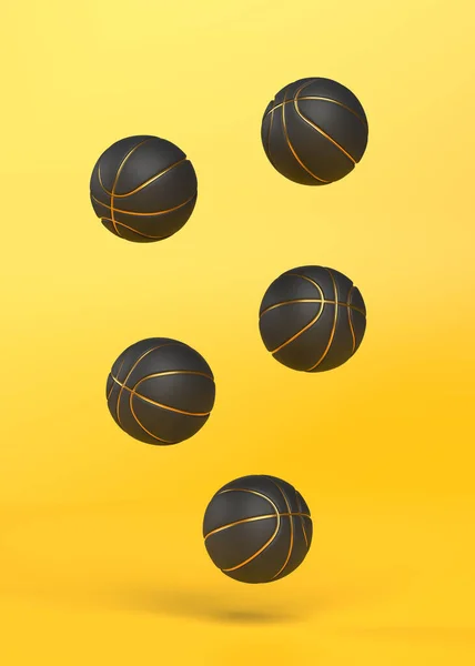 许多篮球落在一个明亮的黄色背景和复制空间 最小的创意体育概念 3D渲染3D示例 — 图库照片