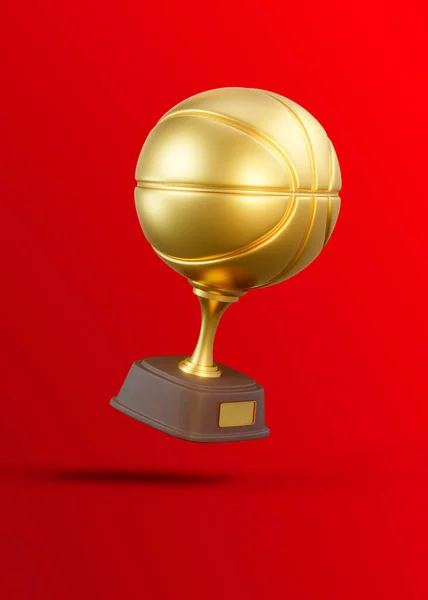 Flying golden basketball trophy cup on red background. Sport tournament award, gold winner cup and victory concept. 3d rendering illustration