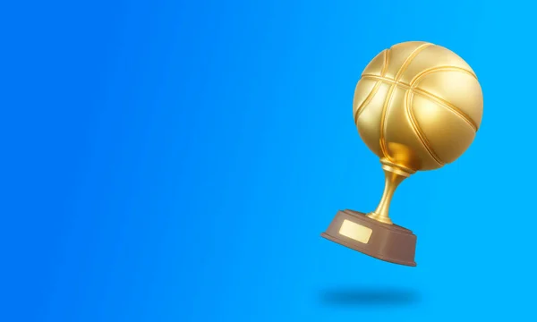 Basketball trophy cup on blue background. Sport tournament award, gold winner cup and victory concept. 3d rendering illustration