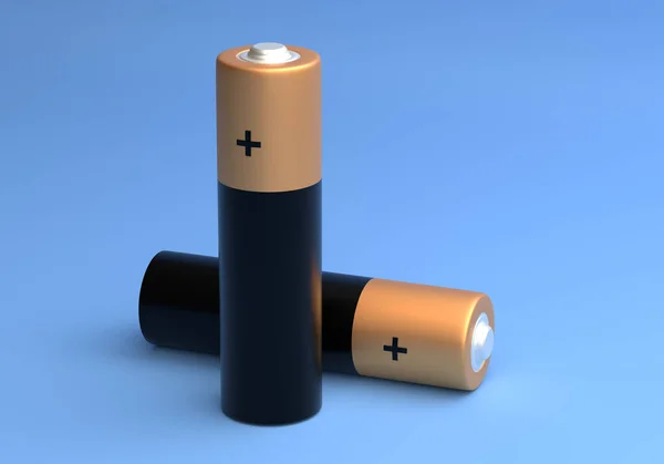 Två Batterier Isolerade Blå Bakgrund Närbild Kol Zink Batterier Uppladdningsbara — Stockfoto