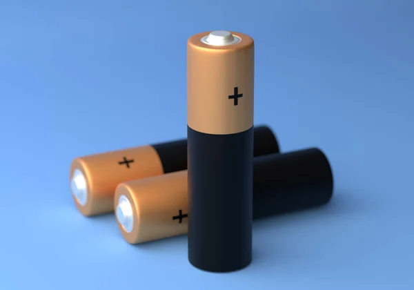 Twee Batterijen Geïsoleerd Blauwe Achtergrond Pastelkleuren Alkalische Batterij Minimaal Concept — Stockfoto